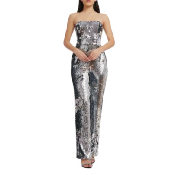 Dress the Population Andy Silver Sequin Strapless Jumpsuit Size XL Glam Party - Picture 2 of 8
